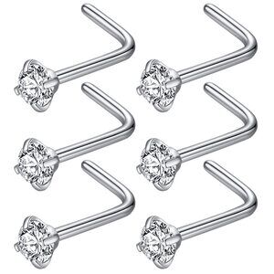 6pcs 20g 3.0mm Clear CZ 316L Surgical Steel Silver Nose Studs
